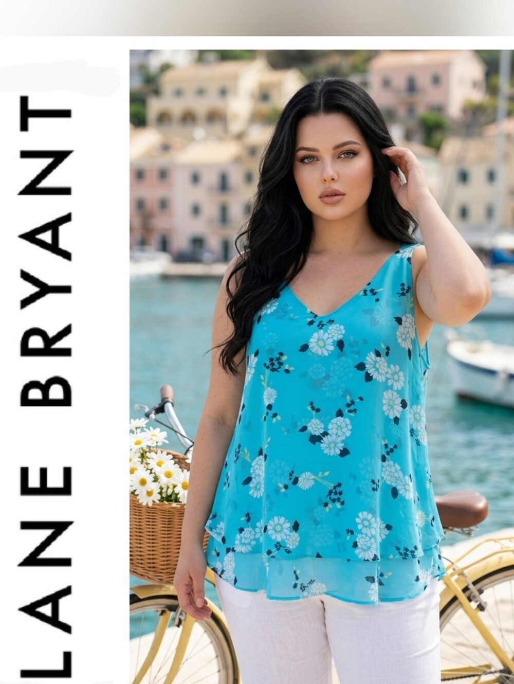 Lane Bryant Turquoise Floral V-Neck Tank